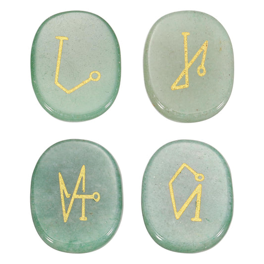 MECCANIXITY 4Pcs Engraved Chakra Stones with Reiki Symbols, Green Aventurine Reiki Healing Crystal Gemstone 7 Chakra Crystal Stones Tumbled Palm Stone for Anxiety Relieve