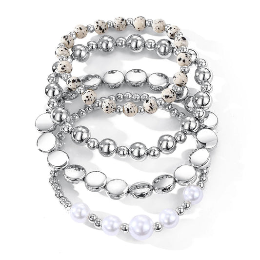 Mexegy Layered Silver Plated Pearl Beaded Stretch Bracelet for Women,Stacked Disc Coin Bead Elastic Bracelets Bohemian Party Holiday Jewelry Accessories Gift(Silver)
