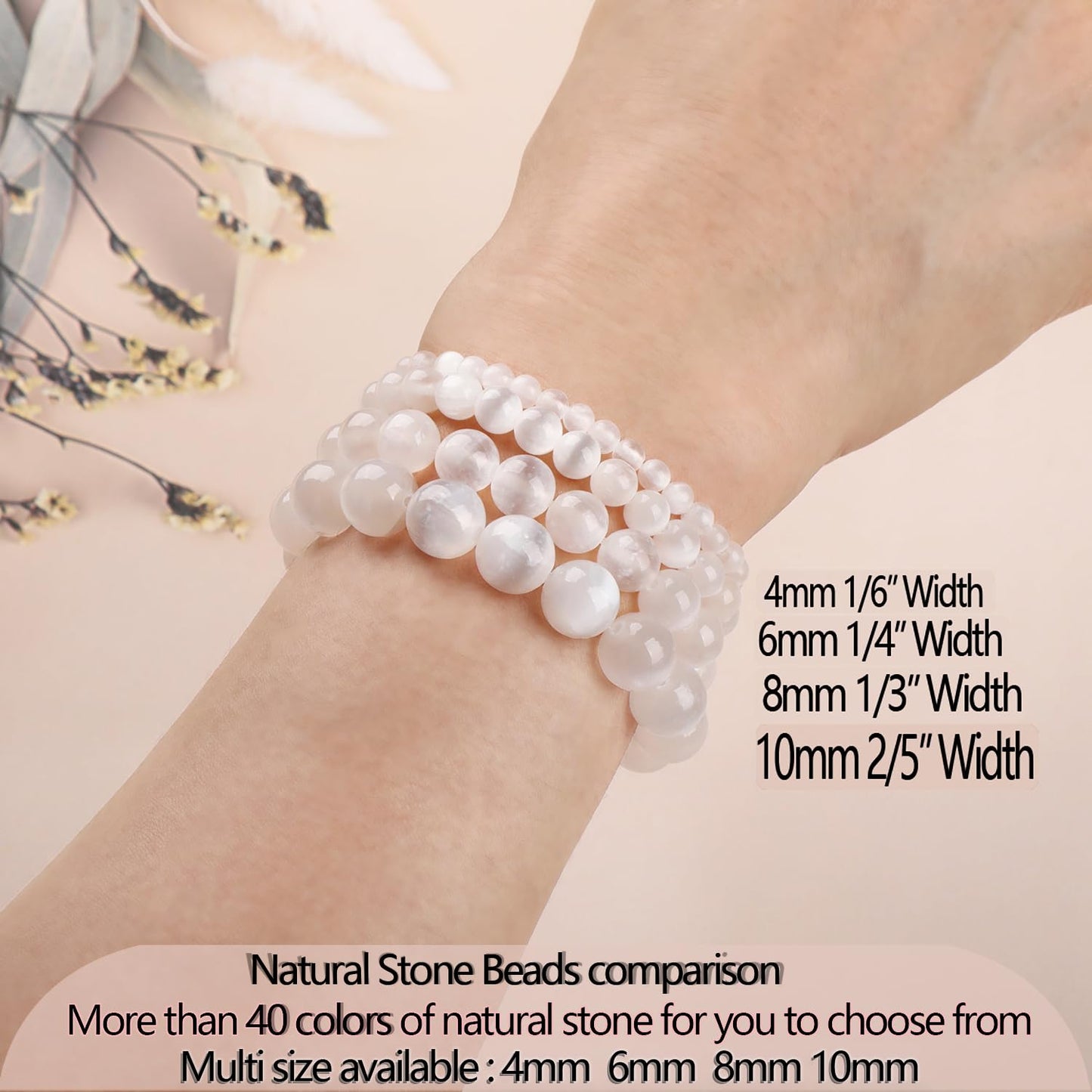 LPBeads Handmade Natural Gemstone Stretch Elastic 10mm White Selenite Bracelet Healing Crystal Round Stone Beads Jewelry Gifts for Women Men