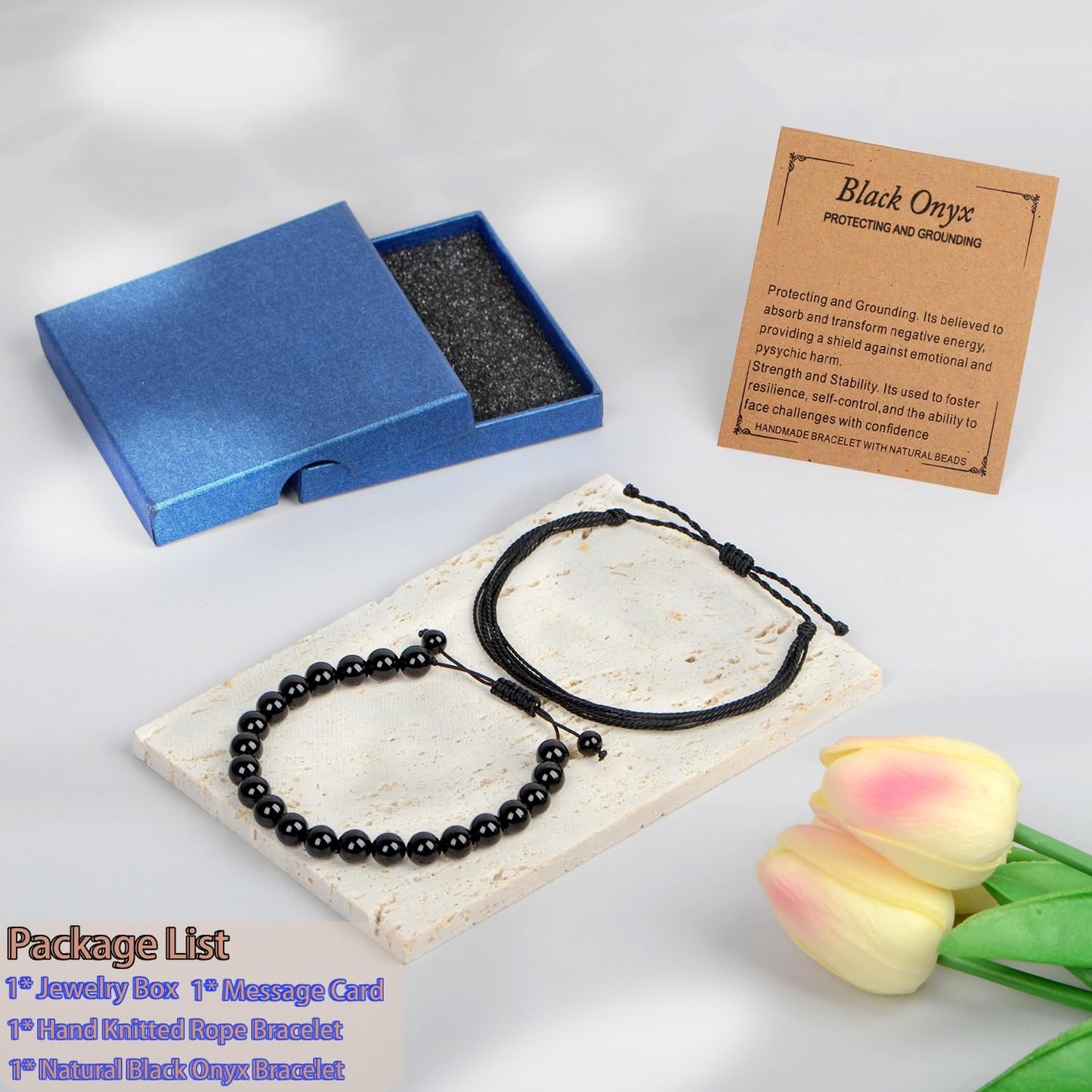 LPBeads 8mm Black Onyx Bracelet with Handmade Rope Bracelet Size Adjustable Natural Stone Crystal Healing Bracelets Gifts for Unisex Adults