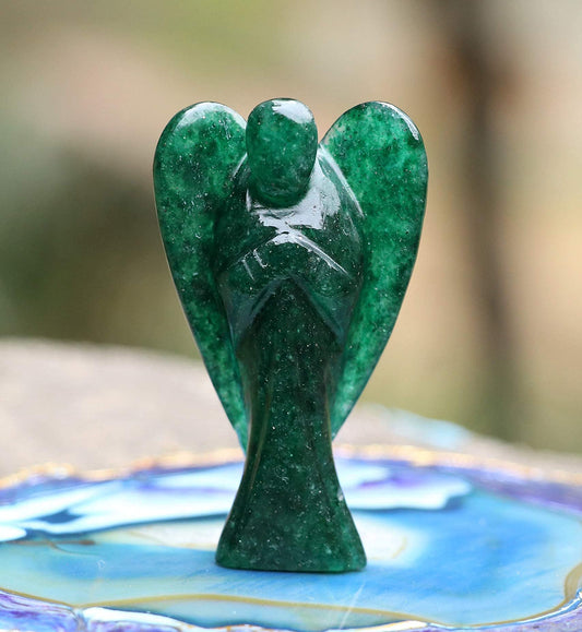 Green Aventurine Gemstone Guardian Angel Healing Crystal, Hand Carved Pocket Angel Figurine - Crystals for Positive Energy, Handmade Mini Statue for Love, Peace & Healing, Natural Gemstone Figurine