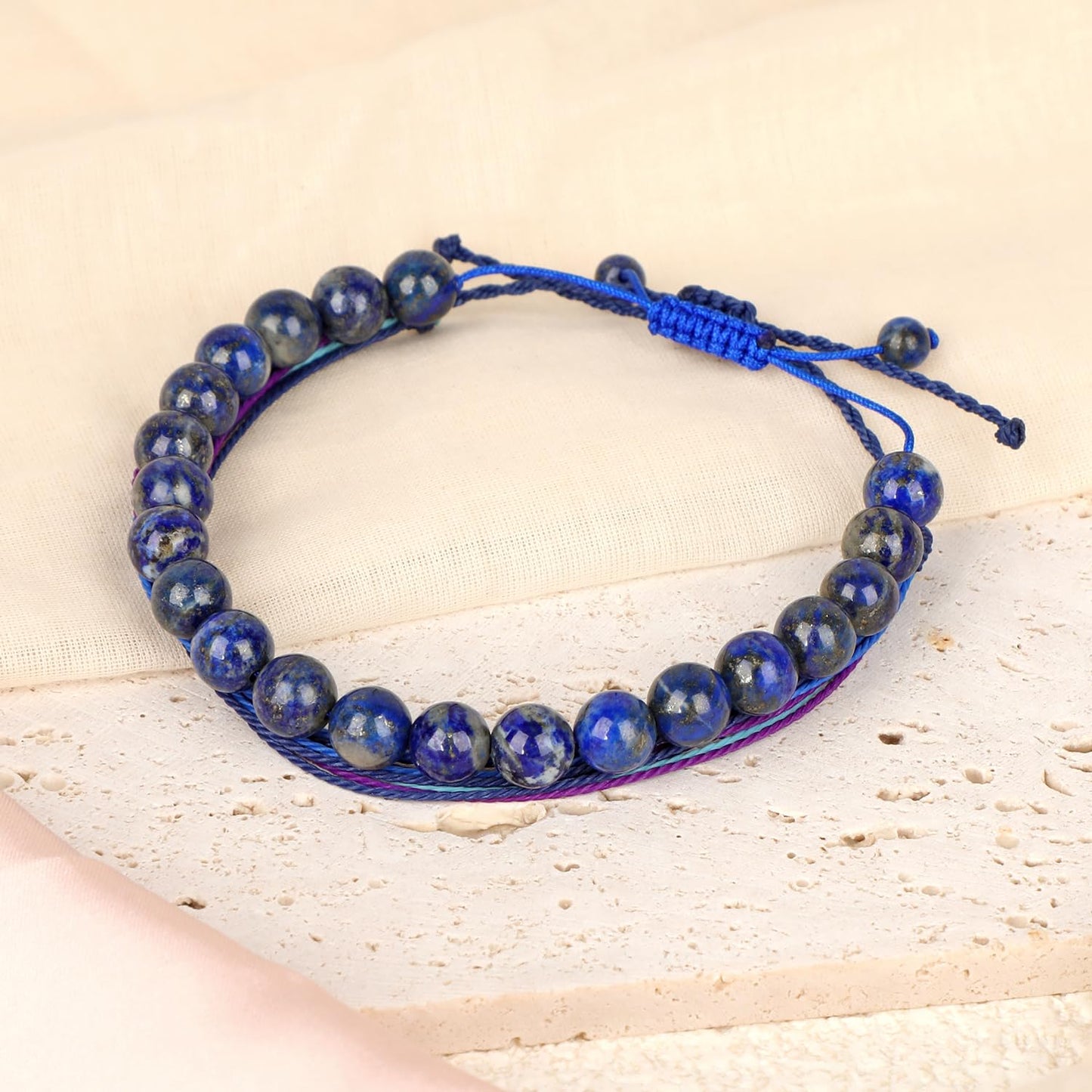 LPBeads 8mm Blue Lapis Bracelet with Handmade Rope Bracelet Size Adjustable Natural Stone Crystal Healing Bracelets Gifts for Unisex Adults
