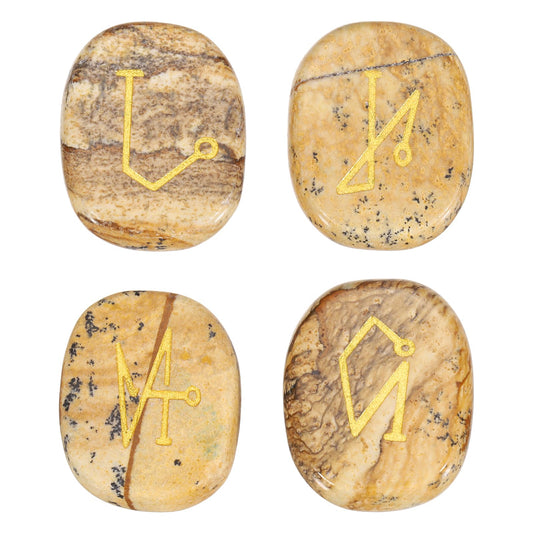 MECCANIXITY 4Pcs Engraved Chakra Stones with Reiki Symbols, Landscape Jasper Reiki Healing Crystal Gemstone 7 Chakra Crystal Stones Tumbled Palm Stone for Anxiety Relieve