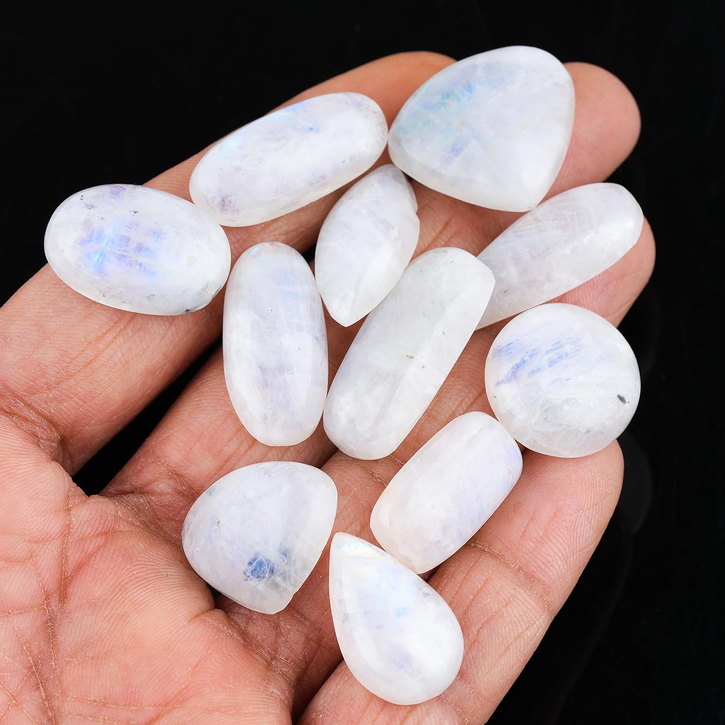 GemSymphony Natural Rainbow Moonstone Gemstone Cabochon Pack of 3 Mixed Shapes – Polished Crystal Stones for Jewelry Making Supply, Healing, Reiki & DIY Crafts, Natural Gem Cab Set for Wire Wrapping (10-20 mm)