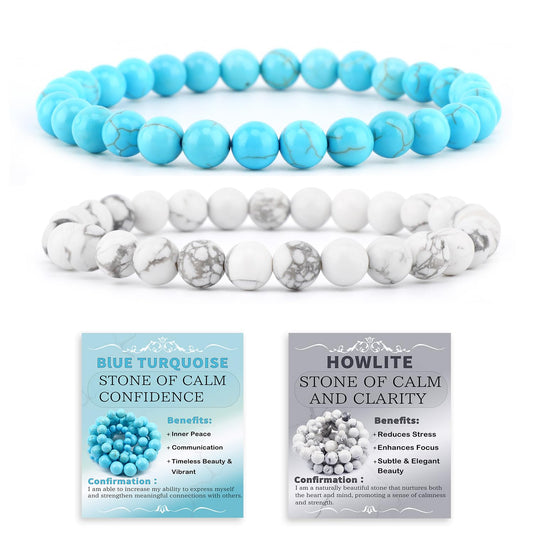 NCB 2-Piece 6mm Natural Crystal Gemstone Stretch Bracelets – ﻿Blue Turquoise, Howlite Handmade Reiki Energy Healing Jewelry for Meditation,Yoga, Unisex