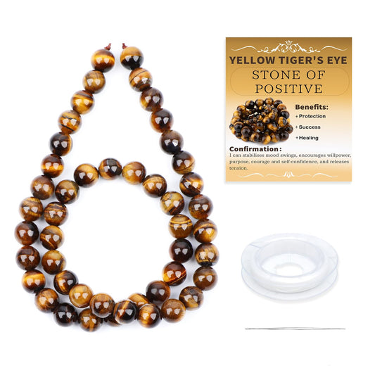 CMBYN Natural Stone Beads Round Genuine Real Stone Beading Strand Loose Gemstones DIY Smooth Bead for Bracelet Necklace Earrings Jewelry Making (Yellow Tiger's Eye, 8mm 45 Pieces)