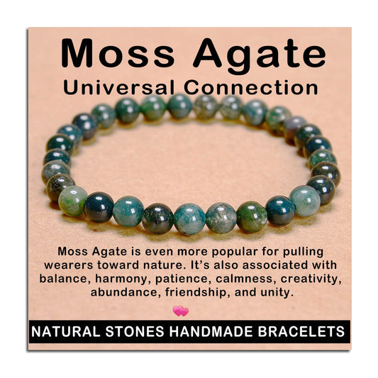 AD Beads Handmade Gemstone Stretch Elastic Bracelet Crystal Healing Reiki Nature's Beauty and Spiritual Essence Unisex (6mm, Moss Agate (Universal Connection))