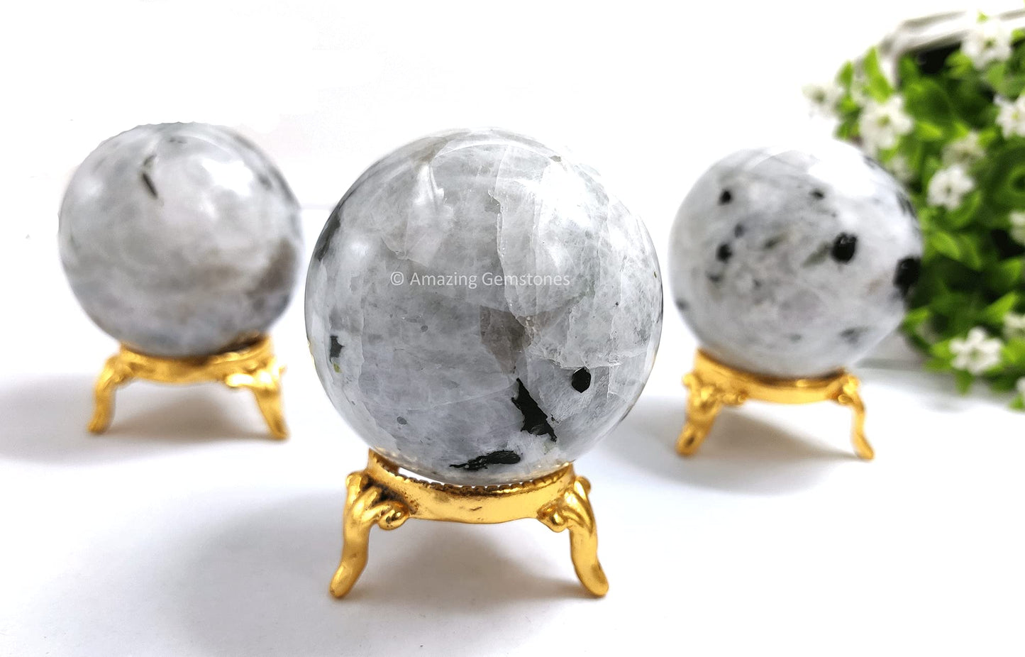 Rainbow Moonstone Crystal Sphere Round Ball with Sphere Holder Stand, Natural Healing Stone Sphere for Massage Meditation Crystal Grid Witchcraft Supplies Reiki Yoga
