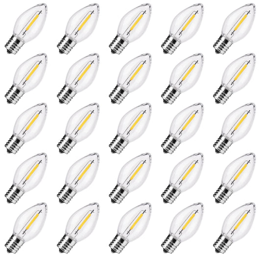 Minetom C7 LED Replacement Bulbs, Warm White Transparent, Shatterproof, 50 Count, C7/E12 Base for Christmas Lights