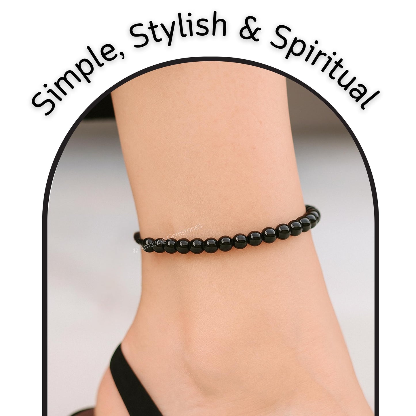 Amazing Gemstone Black Obsidian Anklet Ankle Bracelets for Women - Waterproof Beaded Healing Crystal Anklets, Plus Size Chakra Gemstone Bead Anklet (Stretchy Adjustable - Plain)