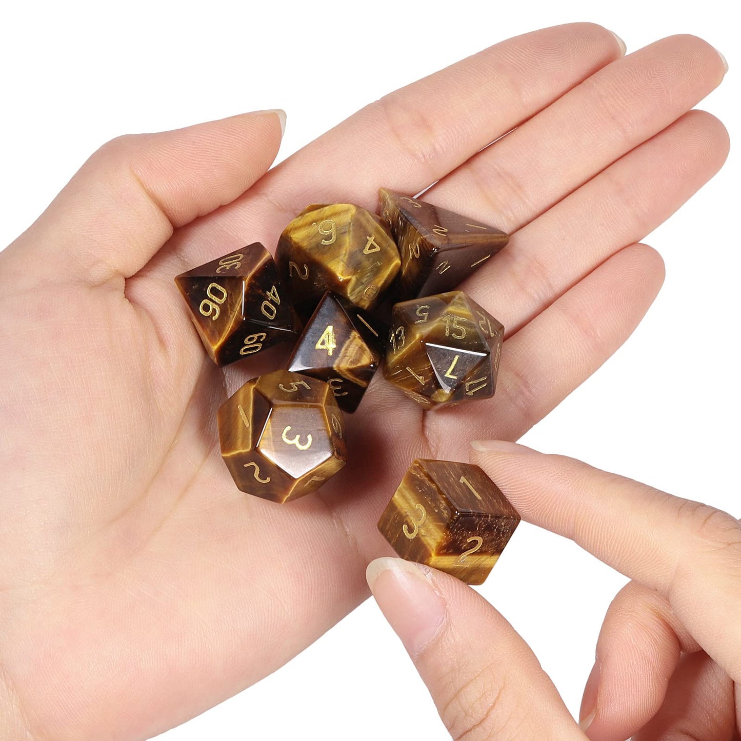 mookaitedecor 7 PCS Tiger's Eye Crystal Polyhedral DND Dice Set, Polished Tumbled Stones Dices for RPG MTG Table Games Home Decoration
