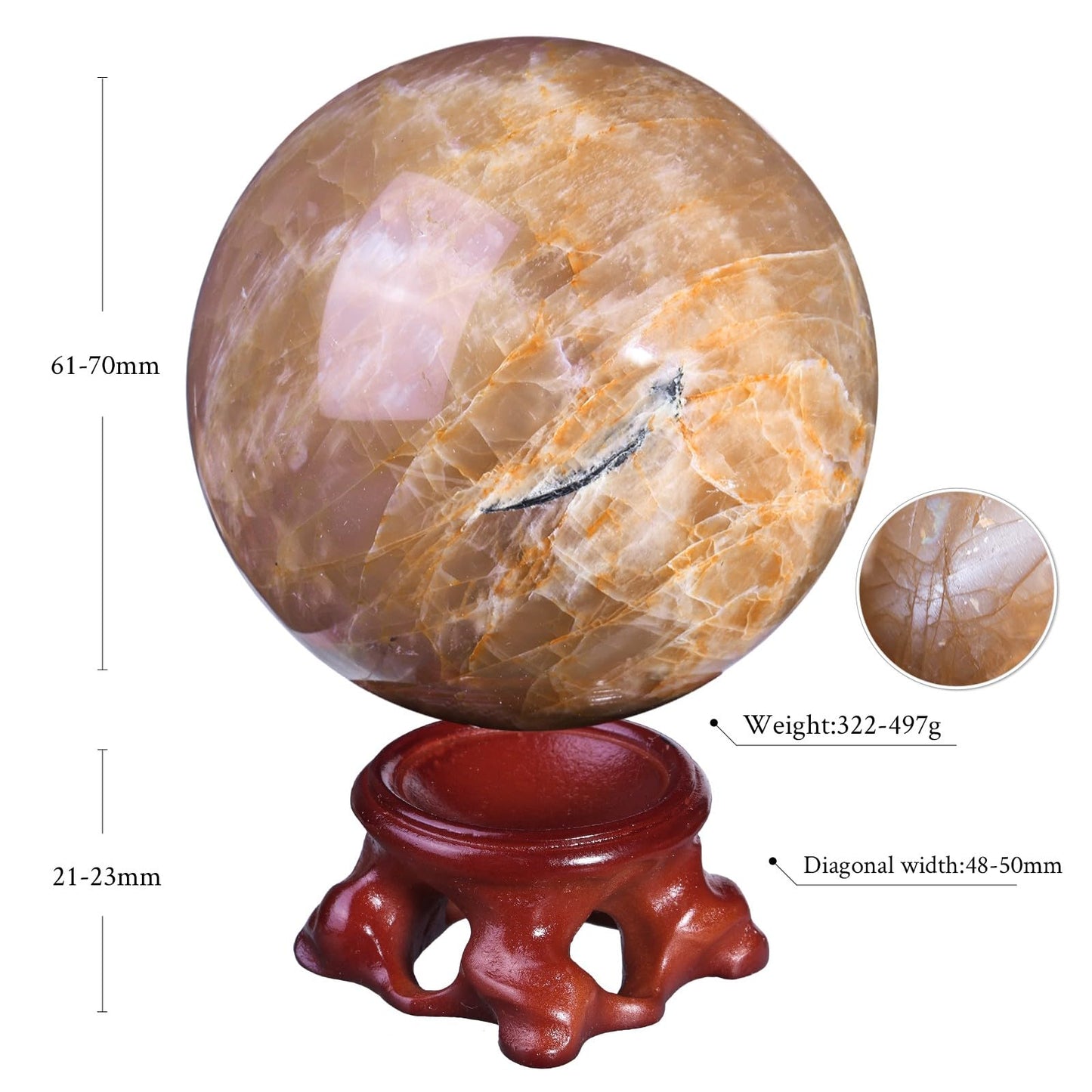 Nupuyai Natural Orange Moonstone Crystal Ball with Resin Stand, Healing Crystal Sphere for Home Decor 2.4"-2.76"(61mm-70mm)