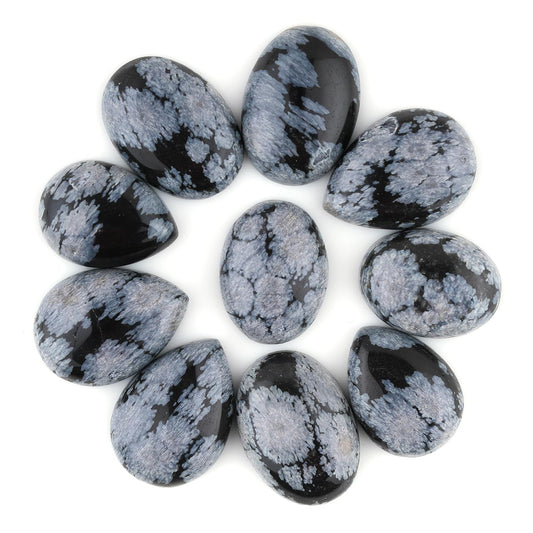 GemSymphony Natural Snowflake Obsidian Gemstone Cabochon Pack of 3 Mixed Shapes – Polished Crystal Stones for Jewelry Making supply, Healing, Reiki & DIY Crafts, Natural Gem Cab Set for Wire Wrapping (15-20 mm)