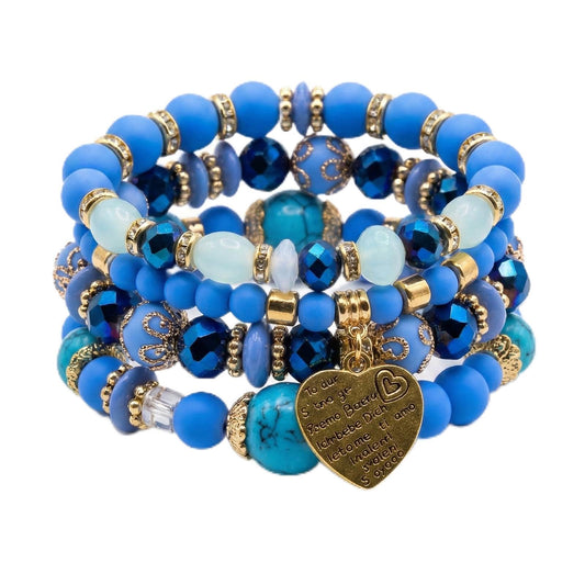 Ysenchan Bohemian Bracelet Set for Women, 4 Pcs Beaded Stackable Bracelets with Heart Charm, Stretch Bracelets, Boho Jewelry Gift – [Blue]