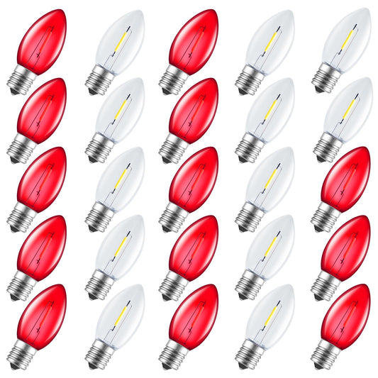 Minetom C9 LED Christmas Light Bulbs, 25 Pack Shatterproof, Red & Warm White, E17 Base, Dimmable Replacement for String Lights