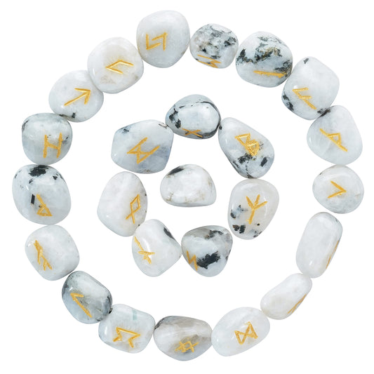 Crocon Rainbow Moonstone Rune Stones Sets 25 pcs for Beginners with Elder Futhark Alphabets for Healing Chakra Crystals Reiki feng Shui Gemstone Runes Set Size: 15-20 mm with a Pouch & Rune brochure