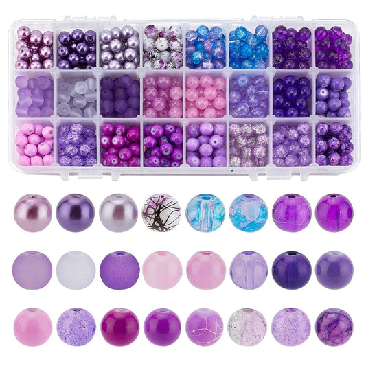 PH PandaHall 720pcs 8mm Purple Glass Beads 24 Color Round Bracelet Beads Loose Crystal Bead Craft Bead Bulk for Summer Friendship Bracelet Necklace Earring Jewelry Making DIY Craft Party Ornament