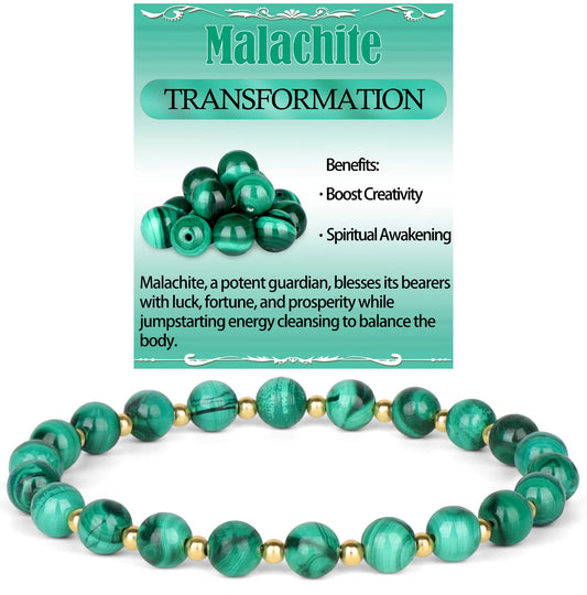 QOGIR Malachite - Transformation - 14K Gold Plated Beads Natural Gemstone Stretch Elastic Dainty Healing Beaded Bracelets Gifts 6mm