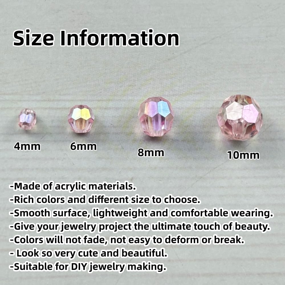 Pinhoollgo 1800pcs Acrylic Faceted Round Beads 4mm 6mm 8mm 10mm AB Colors Glossy Acrylic Round Spacer Beads with Hole for DIY Bracelet Necklace Jewelry Making Supplies Handmade Craft(Light Pink AB)