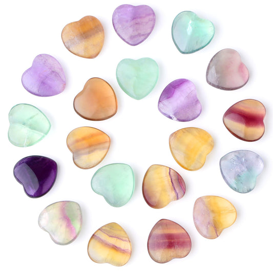 YATOJUZI 20PCS Fluorite Heart Stone Natural Healing Crystals Love Crystal Heart Bulk Wholesale Polished Stones Cute Pocket Gemstones Reiki Energy Gifts for Women