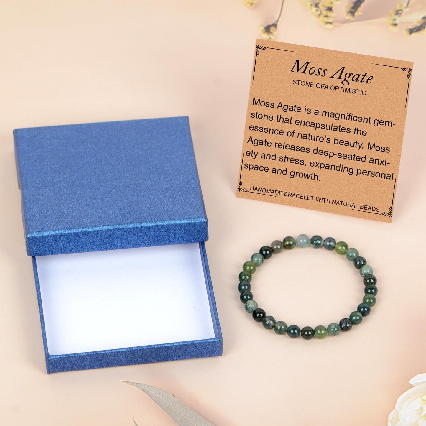 LPBeads Handmade Natural Gemstone Stretch Elastic 6mm Moss Agate Bracelet Healing Crystal Round Stone Beads Jewelry Gifts for Women Men