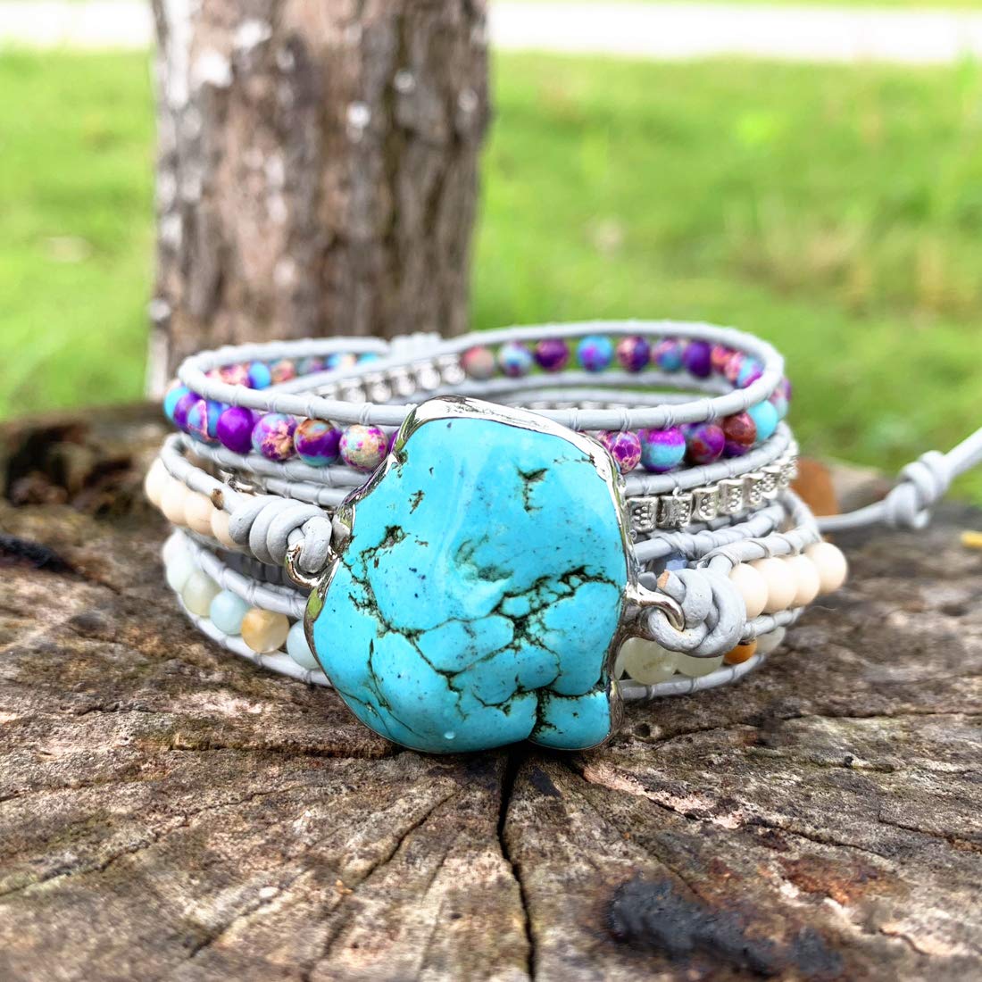 YGLINE Handmade Wrap Bracelet Turquoise, Jasper & Amazonite Natural Stones Leather Charm 5 Strands Boho Bracelet