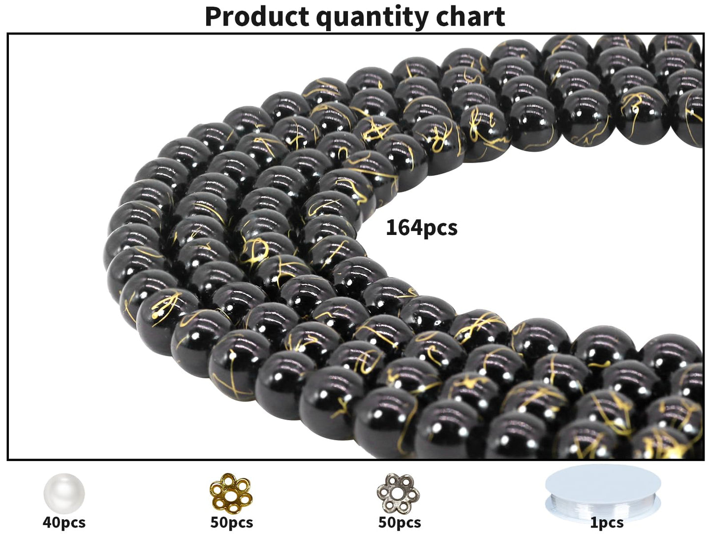 Pamir Tong 300PCS 10mm Black & Gold Round Glass Beads Bracelet Space Loose Smooth Beads for Jewelry Making, Earring, Necklaces, Keychains, Lanyards & Adult Crafting