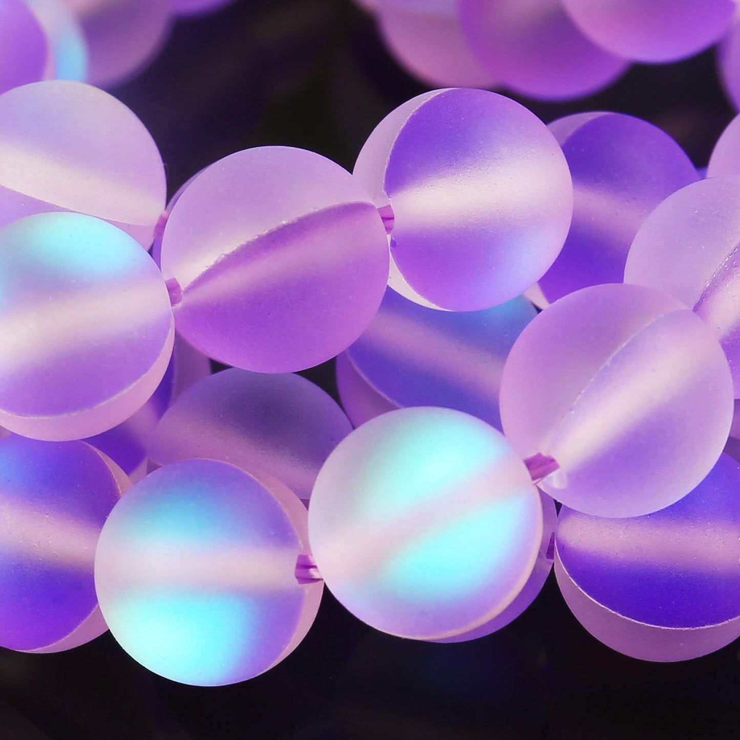 Matte Purple Aurora Crystal Glass Beads, 10MM Frosted Glitter Shining Mermaid Round Loose Beads, Rainbow Holographic Synthetic Moonstone for Jewelry Making DIY Bracelet