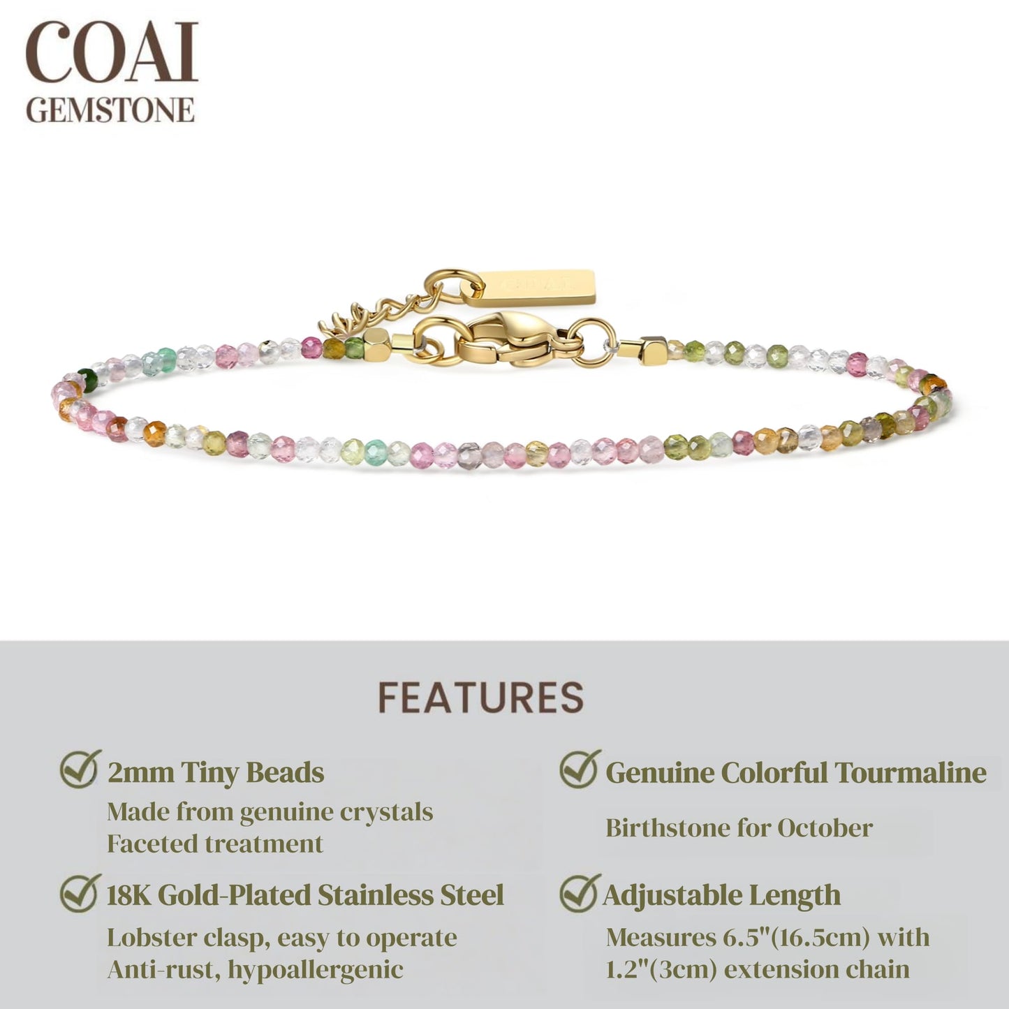 COAI Women's Dainty Crystal Bracelet Tourmaline Bracelet for Women 2mm