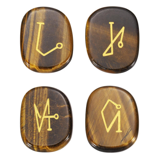 MECCANIXITY 4Pcs Engraved Chakra Stones with Reiki Symbols, Tiger's Eye Reiki Healing Crystal Gemstone 7 Chakra Crystal Stones Tumbled Palm Stone for Anxiety Relieve