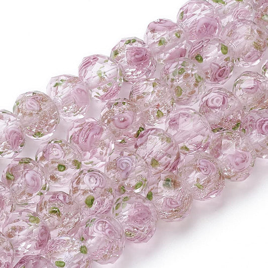 PH PandaHall 60pcs 8~10mm Pink Rose Lampwork Beads Gold Sand Glass Beads Flower Glass Beads 1.5~2mm Hole Floral Handmade Lampwork Beads Round Loose Beads for Rosary Making Jewelry Craft Making