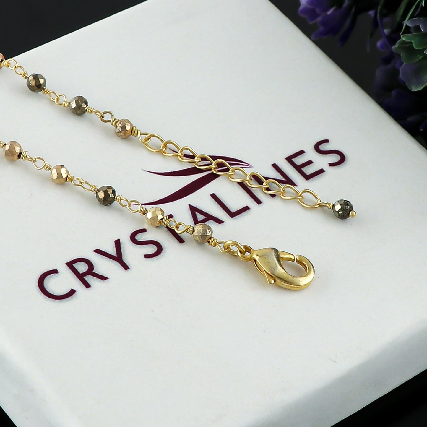 CRYSTALINES Natural Golden Pyrite Gemstones Bracelet Handmade Hypoallergenic Gold Plated Jewelry for Women Healing Crystals Microfaceted Beads Rosary Chain Boho Birthday Bracelet, 7+1inch