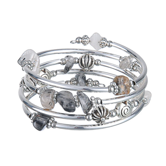 FULU AUTUMN Stone Silver Bangle Wrap Bracelet Boho Turquoise Crystal Chips Bead Bracelets Fashion Jewelry Birthday Gifts for Women(19-Grey)