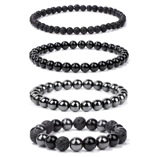 Vinswet 4pcs Natural Stone Beaded Bracelets for Women Men,Healing Crystal Gemstones Stretch Bracelet,4mm 6mm 8mm 10mm Hematite Hematite Lava Rock Anxiety Stress Relief Bracelet Jewelry Gifts