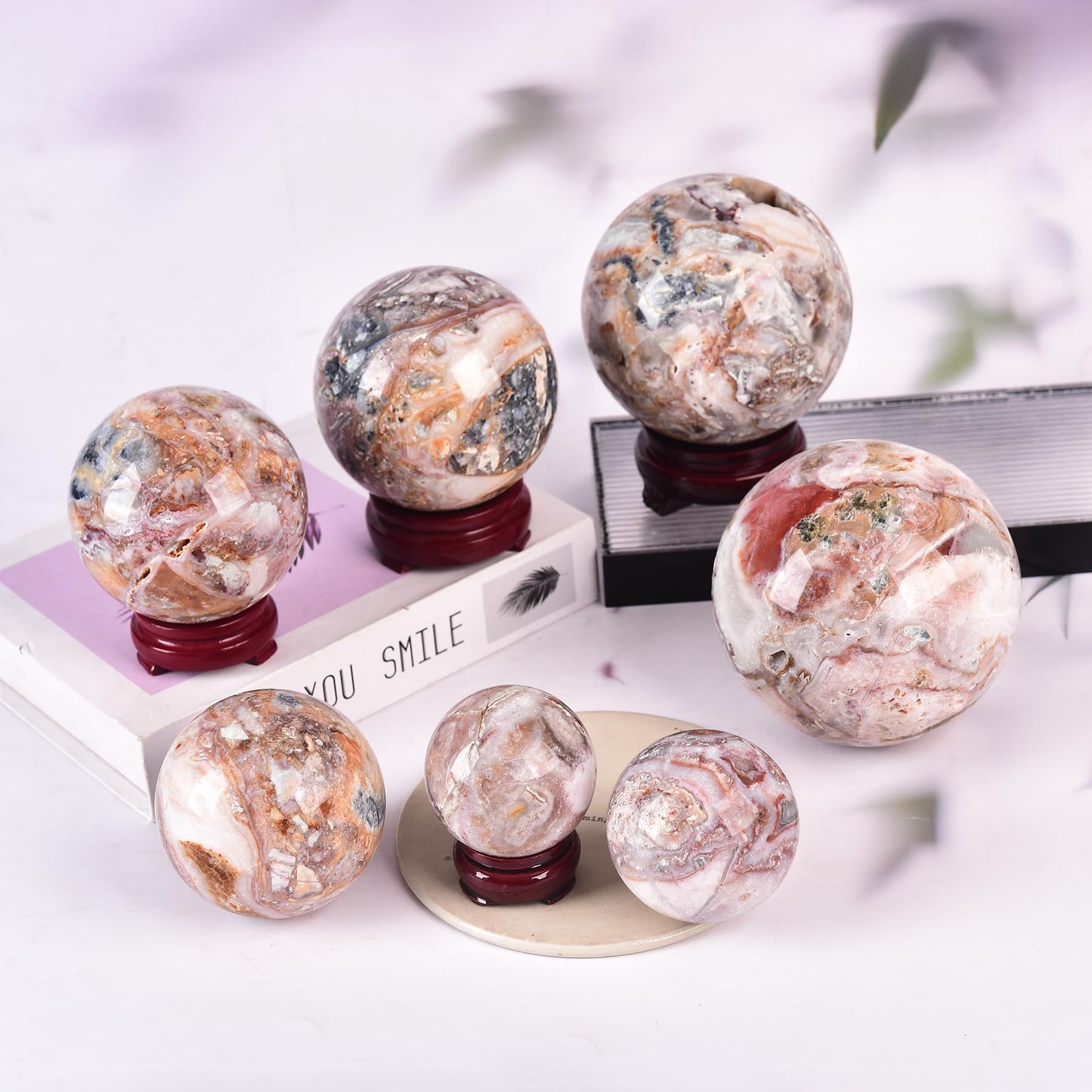 JIC Gem Natural Striped Agate Crystal Sphere with Wooden Stand Decorative Crystal Ball Healing Gemstone Sphere for Meditation Feng Shui Witch-Style Decor70-80mm