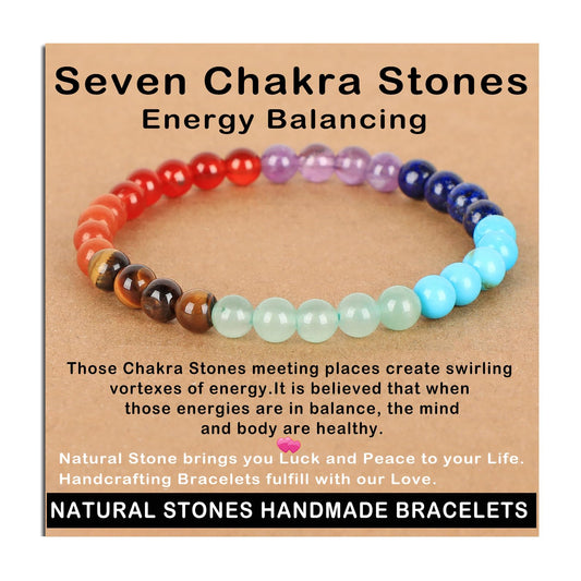 AD Beads Handmade Gemstone Stretch Elastic Bracelet Crystal Healing Reiki Nature's Beauty and Spiritual Essence Unisex (6mm, Seven Chakra Stones (Energy Balancing))