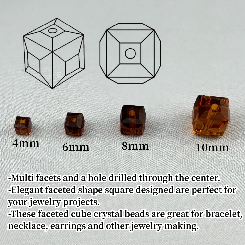 YUEXIGO 40pcs 10mm Cube Crystal Glass Beads for Jewelry Making Faceted Square Crystal Glass Bead Spacer Beads Loose Beads for Bracelet Earring Necklace DIY Craft(Dark Amber)