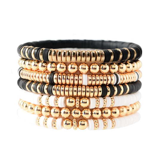 GOOJIDS Black Surfer Heishi Clay Bead Bracelets for Women Bohemian Stackable Gold Plated Beaded Stretch Bracelets Elastic Layering Friendship Bracelets Set Jewelry Gift