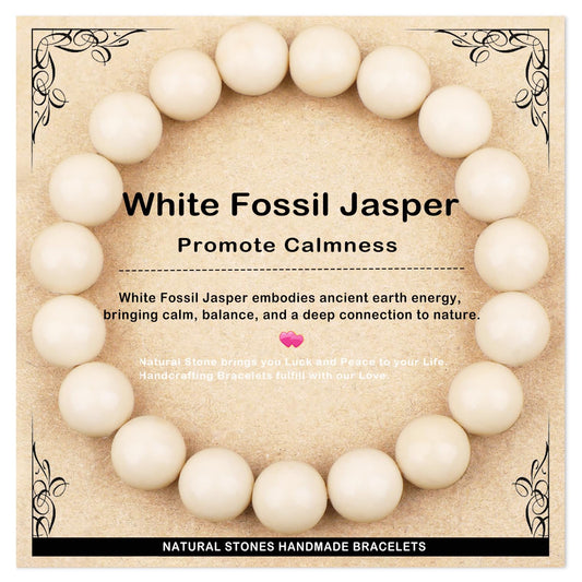 AD Beads 10mm Handmade White Fossil Jasper Elastic Bracelet – Natural Gemstone for Promote calmness – Meditation, Yoga, Healing and Energy Gift for Men Women