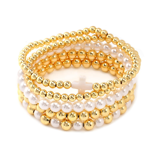 Gold Beaded Cross Bracelet Stack for Women Non Tarnish,Dainty Stretch Pearl Gold Plated Stackable Bracelets Set Fashion Prom Party Accessories Jewelry Gift Friendship