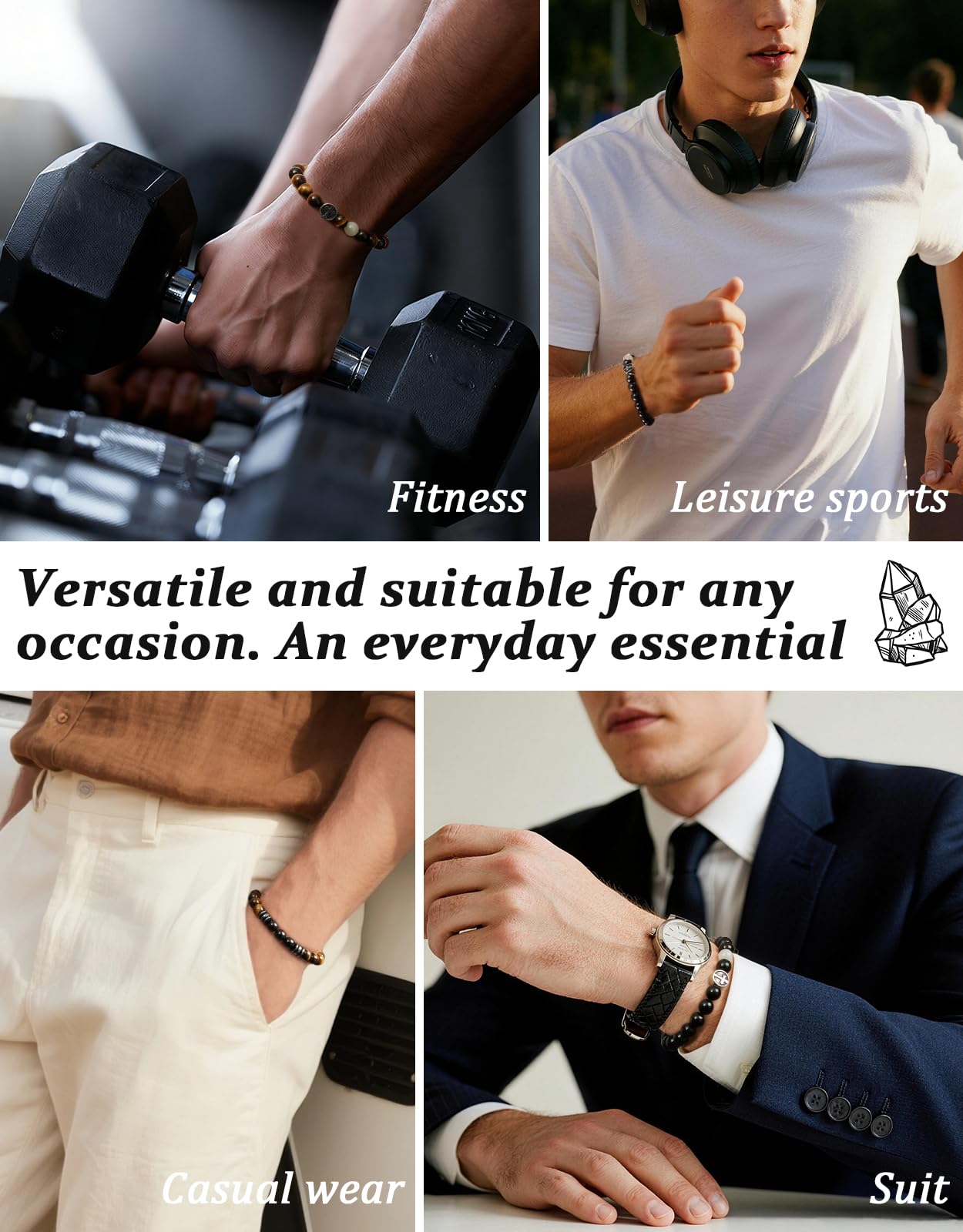 Landorilo Gifts for Men, 8mm Natural Stone Beaded Bracelets, Hematite & Tourmaline Healing Bracelet, Handmade Mens Jewelry Gift for Him, Husband, Son, Father, Friend(Happy Birthday-7.5in)