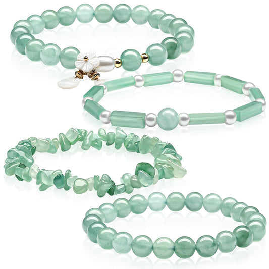 Landical 4 Pcs Jade Bracelet for Women Good Luck Wealth Green Aventurine Bracelet 8 mm Stretch Dongling Jade Beaded Spiritual Gift