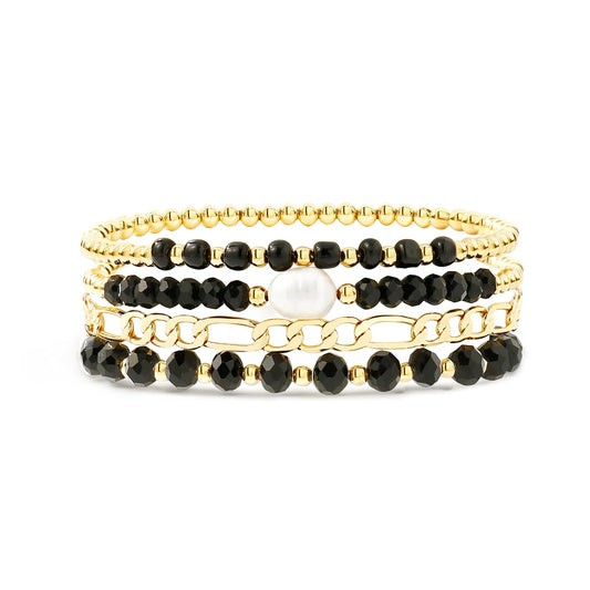 Badu Gold Bracelets for Women Boho Black Crystal Multiple Layered Stackable Wrap Beaded Bangle Set Cuban Chain Trendy Jewelry