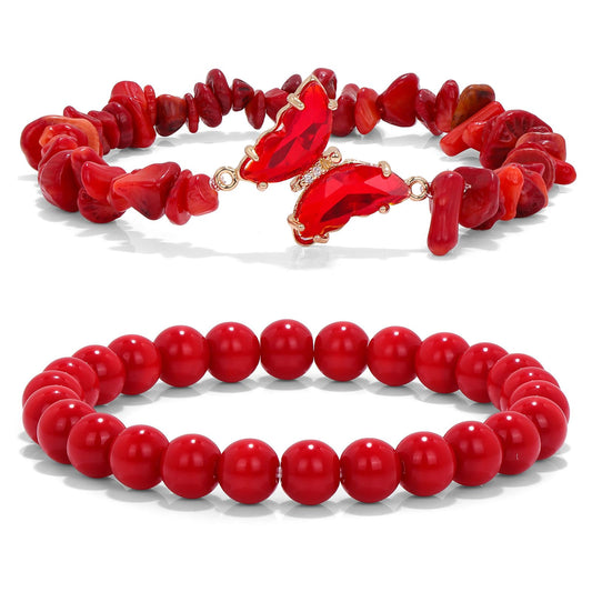 GolbalJew Red Coral Stone Bracelet for Women Healing Crystal Beaded Bracelets Red Gemstone Beads Stretch Bracelet Butterfly Charms Jewelry Women Gift