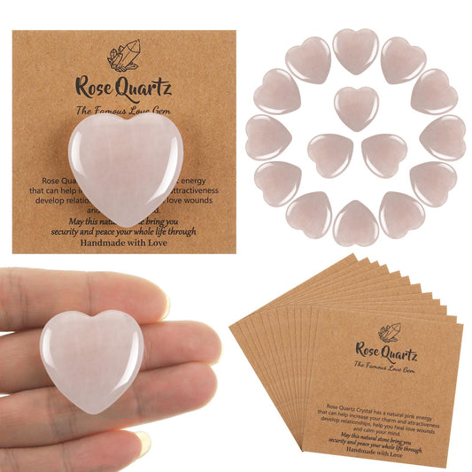 YooNotee 32 Pack 1.2 Inch Rose Quartz Heart Crystal Pink Heart Shaped Stones Gift Set Bulk 16 Pcs Crystal Gemstone Crystals Rock with 16 Pcs Cards for Men Women