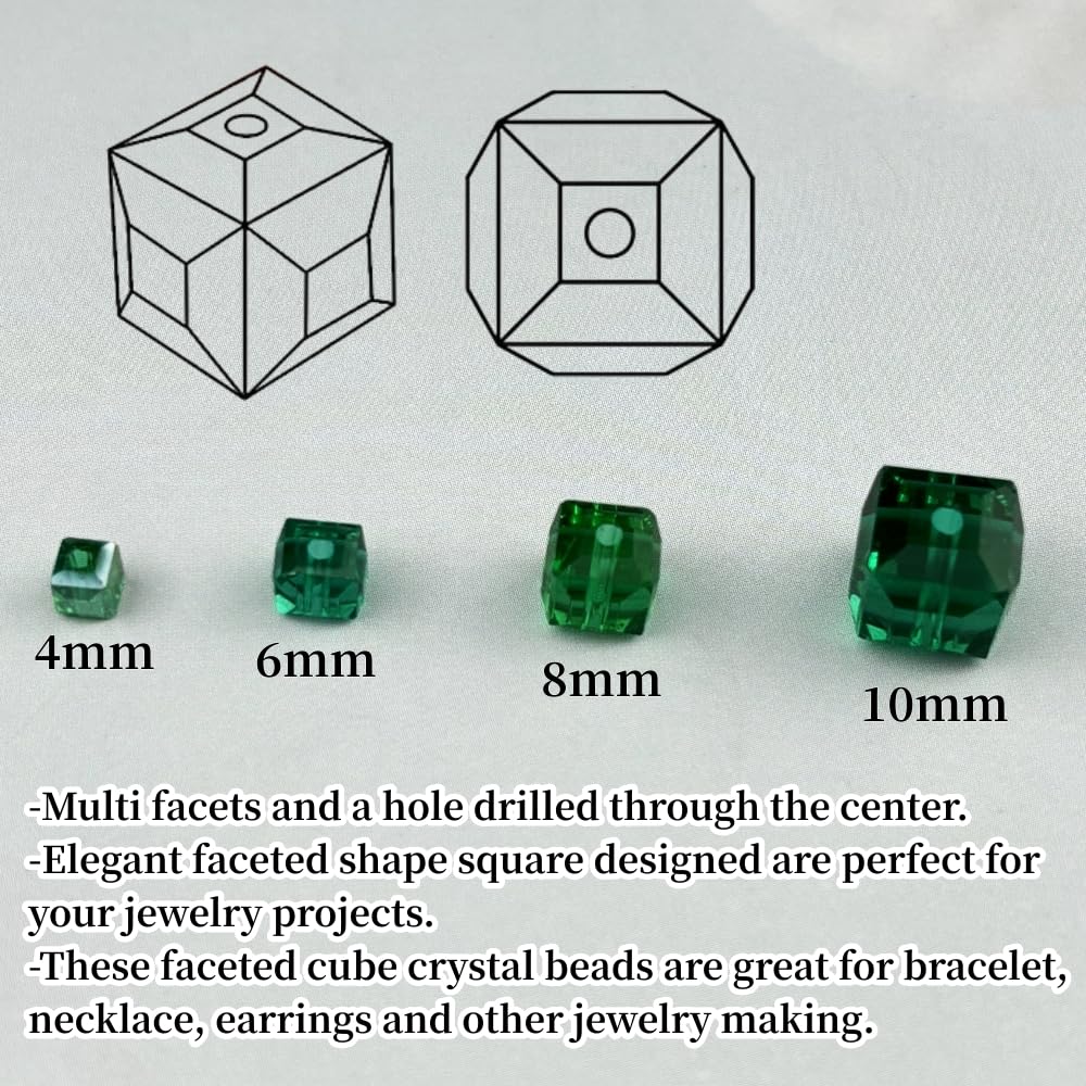 YUEXIGO 100pcs 8mm Cube Crystal Glass Beads for Jewelry Making Faceted Square Crystal Glass Bead Spacer Beads Loose Beads for Bracelet Earring Necklace DIY Craft(Peacock Green)