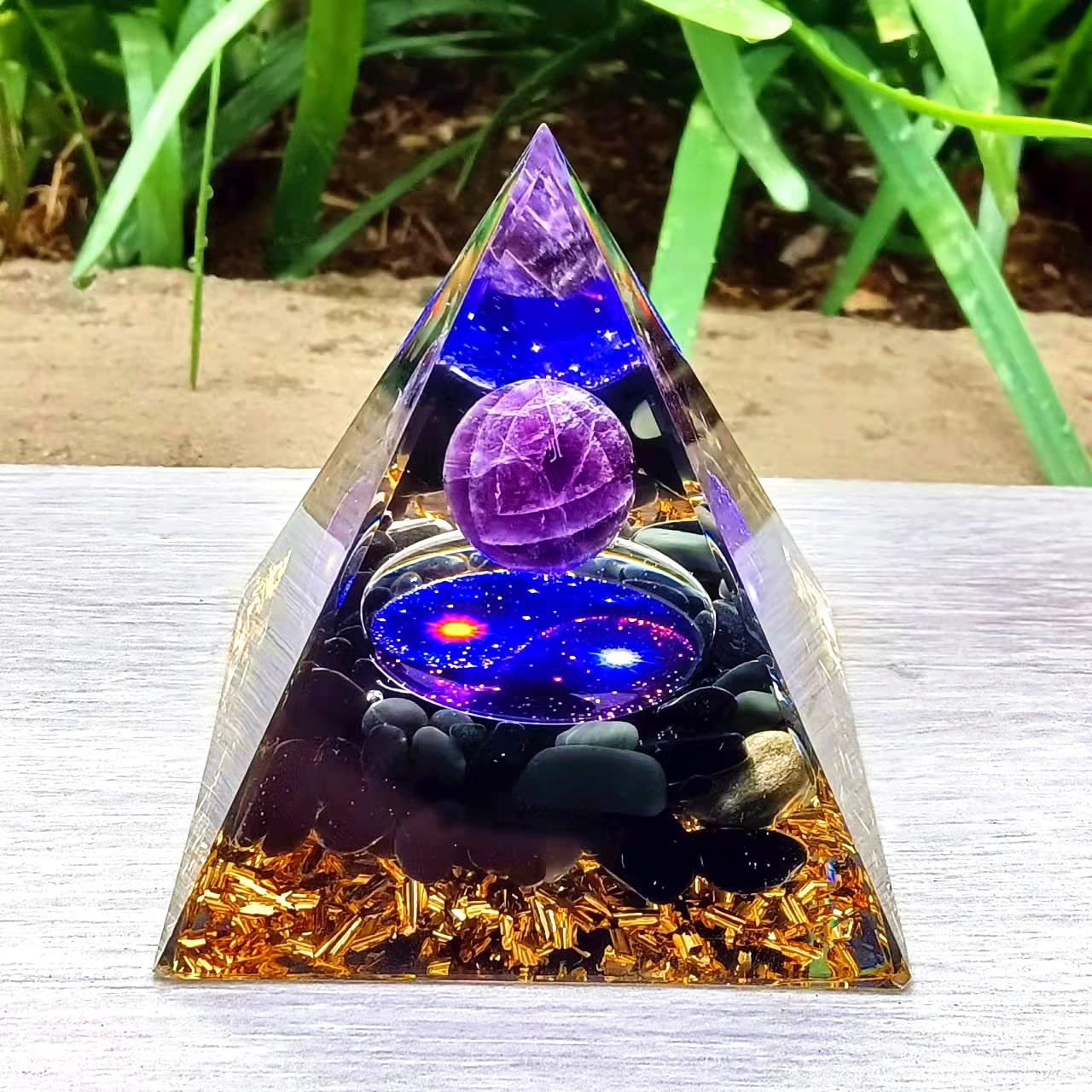 ycyingcheng Moonstone Crystal Orgone Pyramid Ogan Crystal Energy Tower, Nature Reiki Chakra Crushed Stone Jewelry, Crystal Pyramid for Home Decor (Taichi Starry Sky)