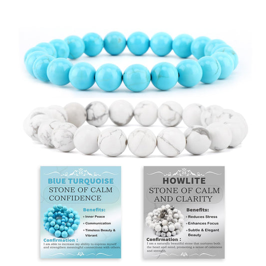 NCB 2-Piece 8mm Natural Crystal Gemstone Stretch Bracelets – ﻿Blue Turquoise, Howlite Handmade Reiki Energy Healing Jewelry for Meditation,Yoga, Unisex