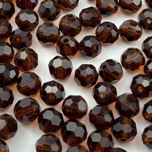 YUEXIGO 60pcs 10mm Round Crystal Glass Beads for Jewelry Making, Faceted Crystal Glass Spacer Beads for Bracelet Earring Necklace DIY Craft(Drak Amber)