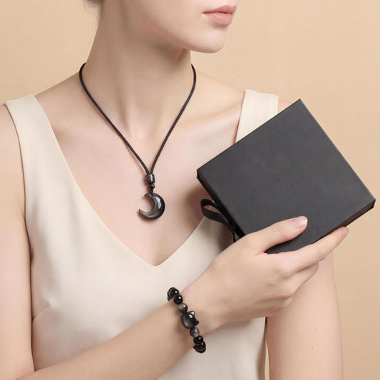 Black Obsidian Cat Bracelet and Moon Pendant Necklace Jewelry Set-Cat Lover Gifts,Wealth Attraction,Good Luck,Bead Bracelet,Mindfulness,Beaded Bracelets, Obsidian Pendant Necklace-Cute Gifts for Women